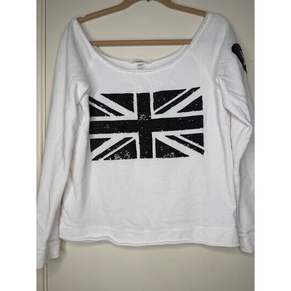 Victorias Secret White Sequin Union Jack Flag Off Shoulder Sweatshirt Large